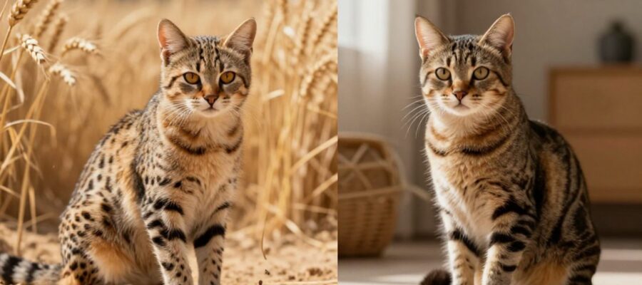 Comparación entre un gato salvaje africano en un granero iluminado por el sol y un gato doméstico atigrado en un hogar moderno.