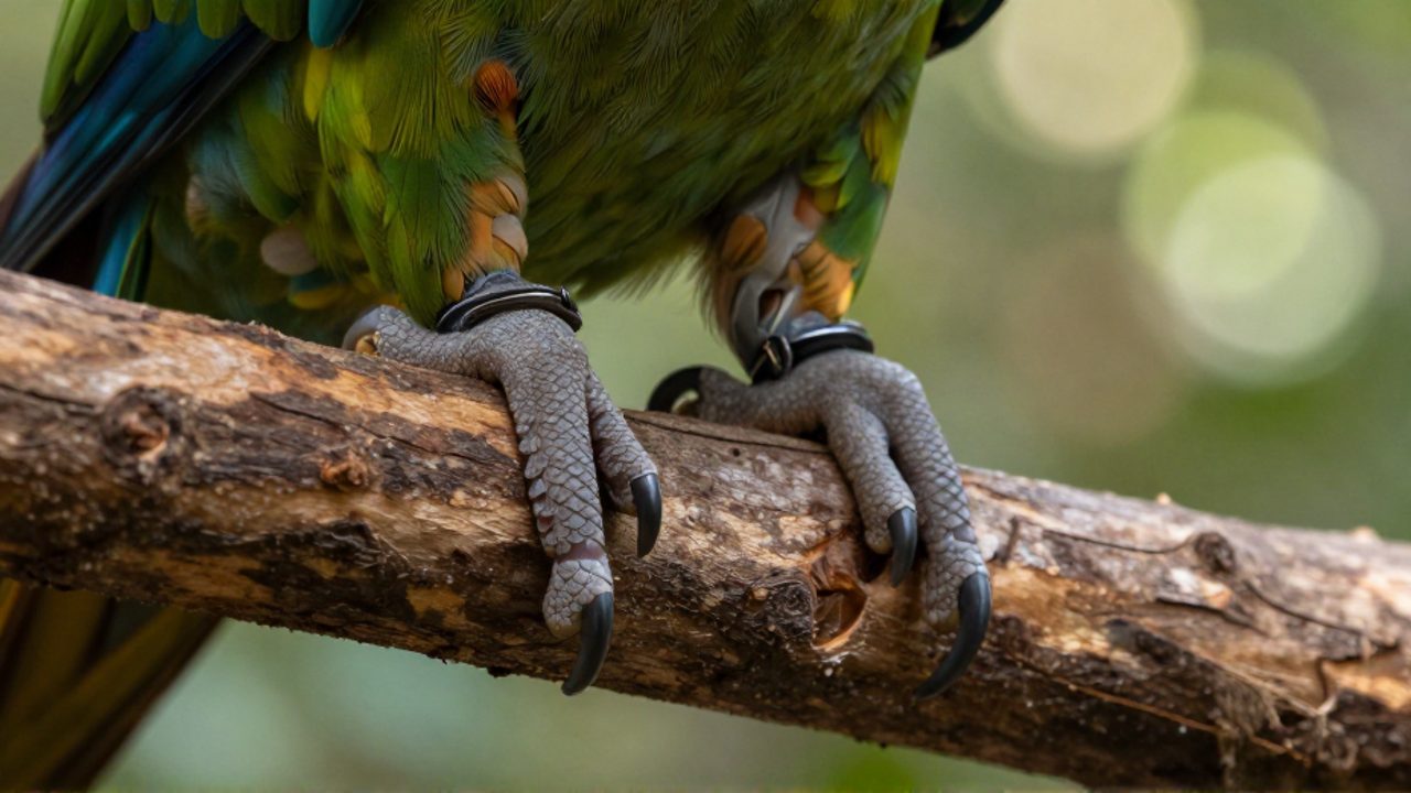 Primer plano de la pata zigodáctila de un loro con dos dedos hacia adelante y dos hacia atrás sujetando una rama de madera.