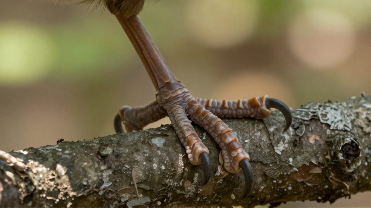 Primer plano de la pata de un ave con garras afiladas sujetando con firmeza la rama de un árbol.