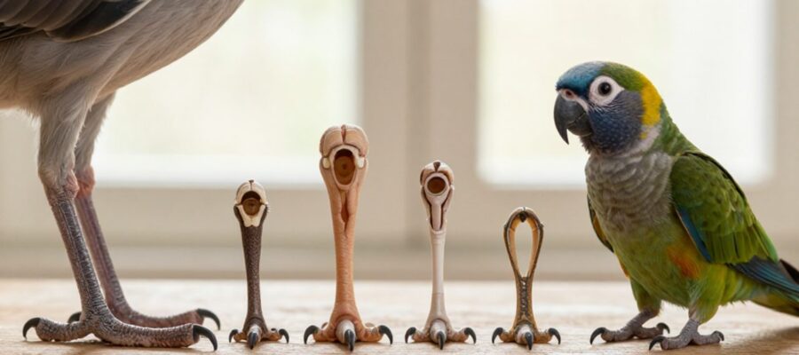 Comparativa detallada de diferentes tipos de patas de aves, mostrando la disposición de los dedos y la textura de las escamas y garras.