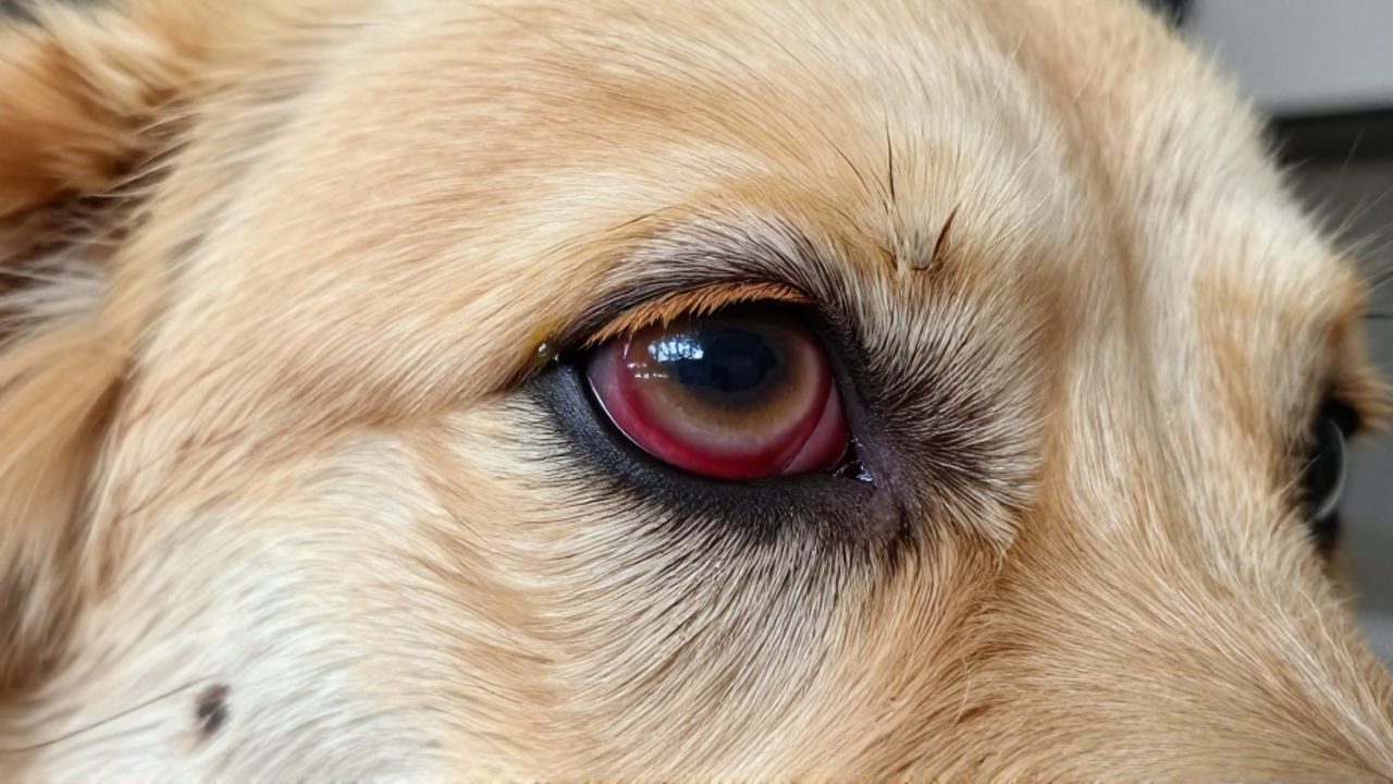 Primer plano del ojo de un perro con la conjuntiva roja y una secreción espesa de color verdoso en el lagrimal.