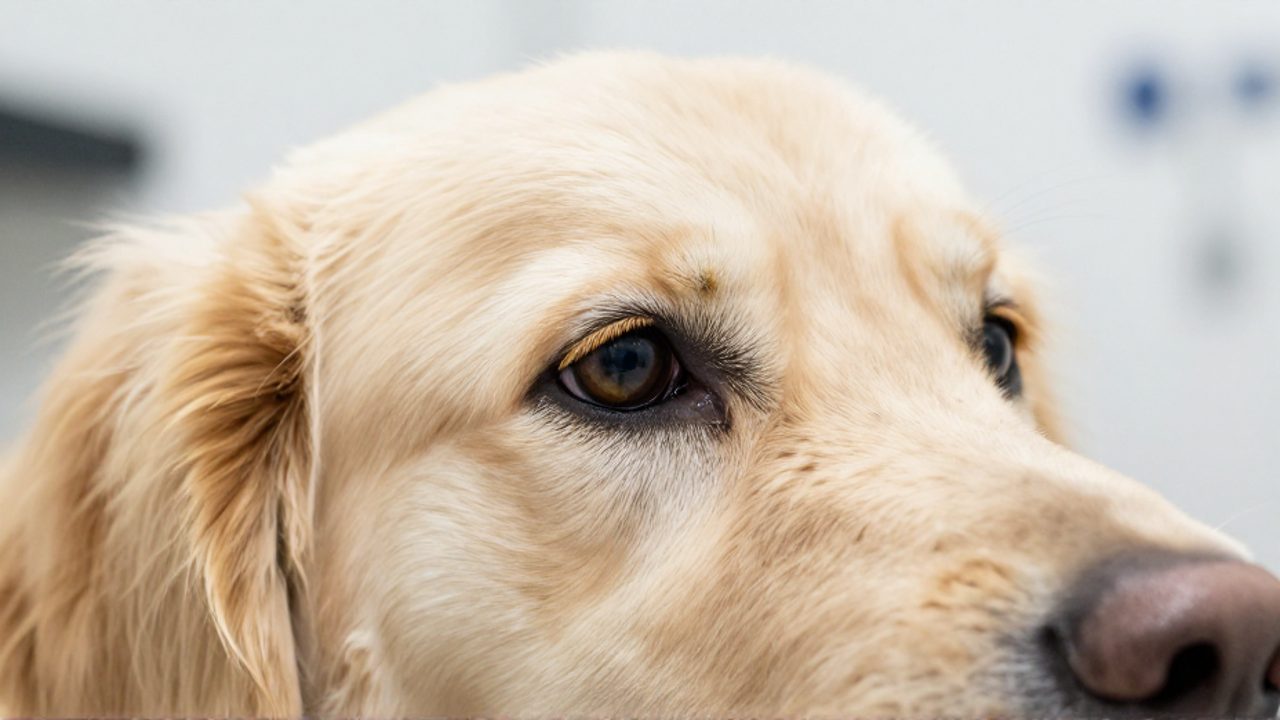 Primer plano del ojo de un perro Golden Retriever que presenta secreción amarillenta en el lagrimal.