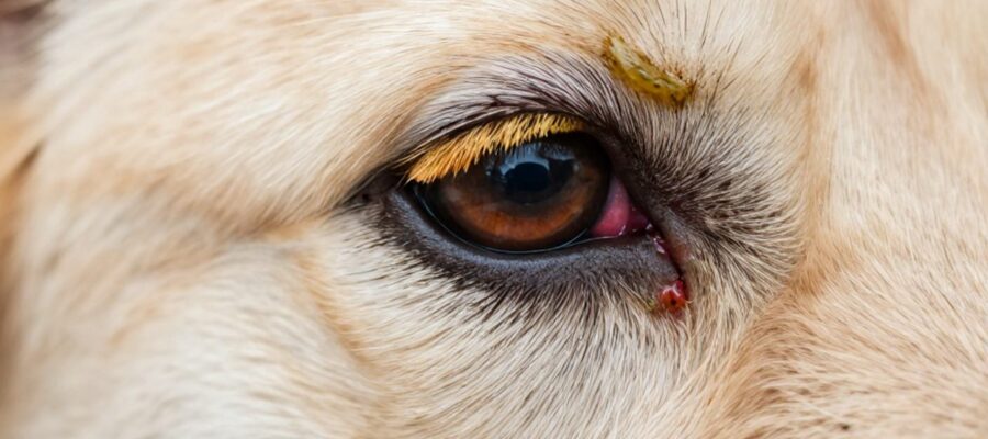 Primer plano del ojo de un perro con secreción espesa de color verde amarillento y enrojecimiento en la conjuntiva.