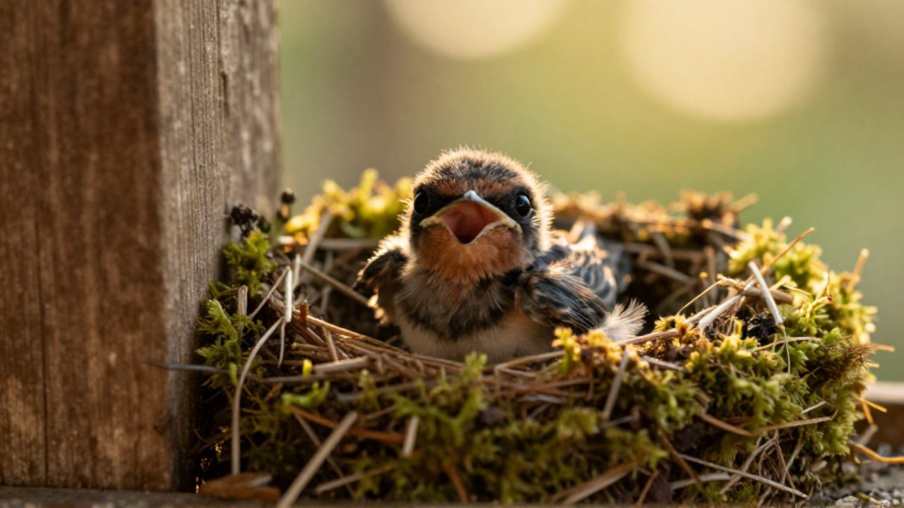 Cría de golondrina con plumaje de plumón y pico abierto descansa dentro de un pequeño nido de musgo sobre una viga de madera.