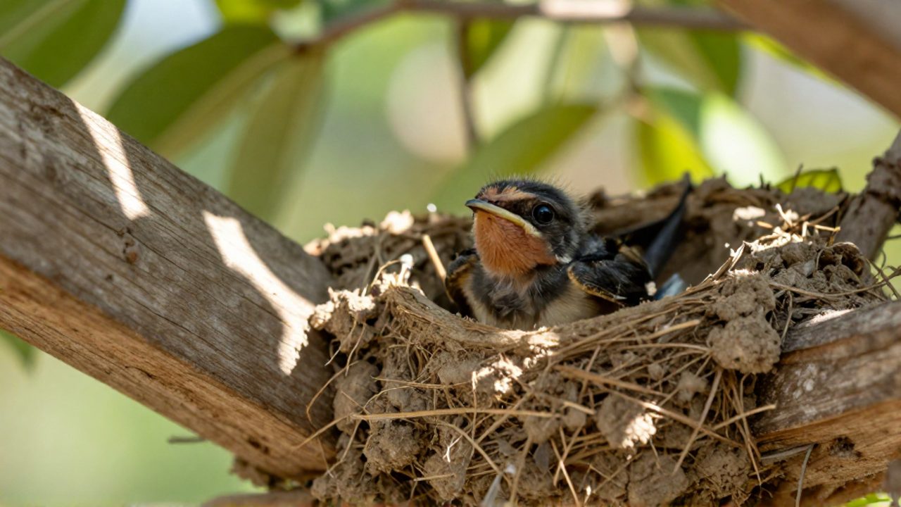 Cría de golondrina con plumaje suave descansando dentro de su nido de barro en una viga de madera.