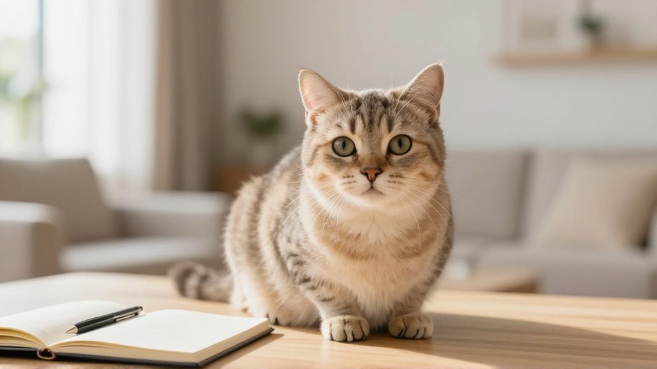 Un gato atento sentado junto a un cuaderno y un bolígrafo sobre una mesa de madera en un salón luminoso.