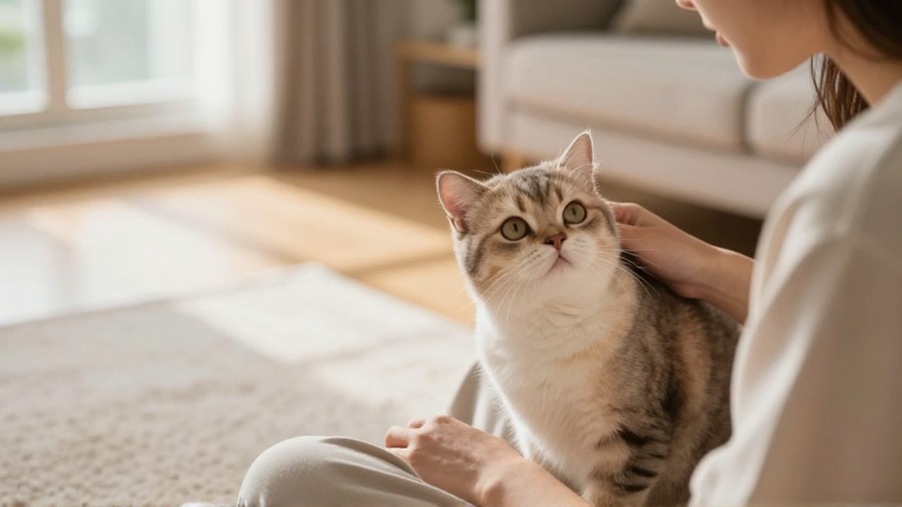 Una persona observa con atención a un gato curioso que inclina la cabeza mientras están sentados en el suelo de una sala iluminada por el sol.