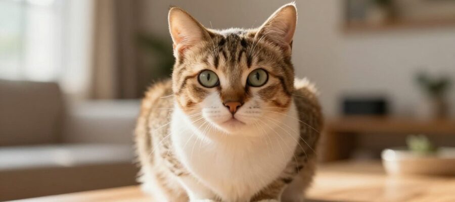 Gato doméstico con mirada curiosa sentado sobre una superficie de madera en un ambiente cálido y luminoso.