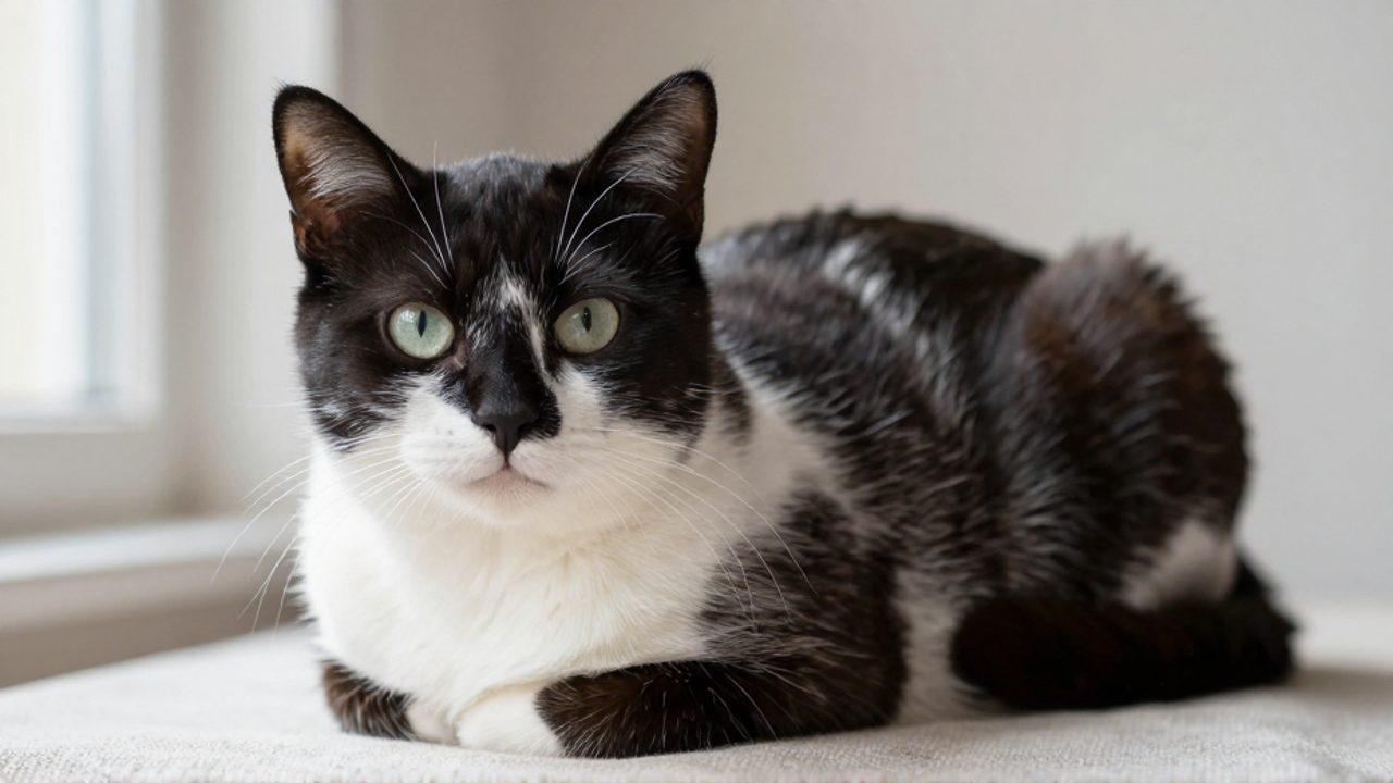 Primer plano de un gato de pelaje suave descansando sobre una superficie de lino en tonos neutros.
