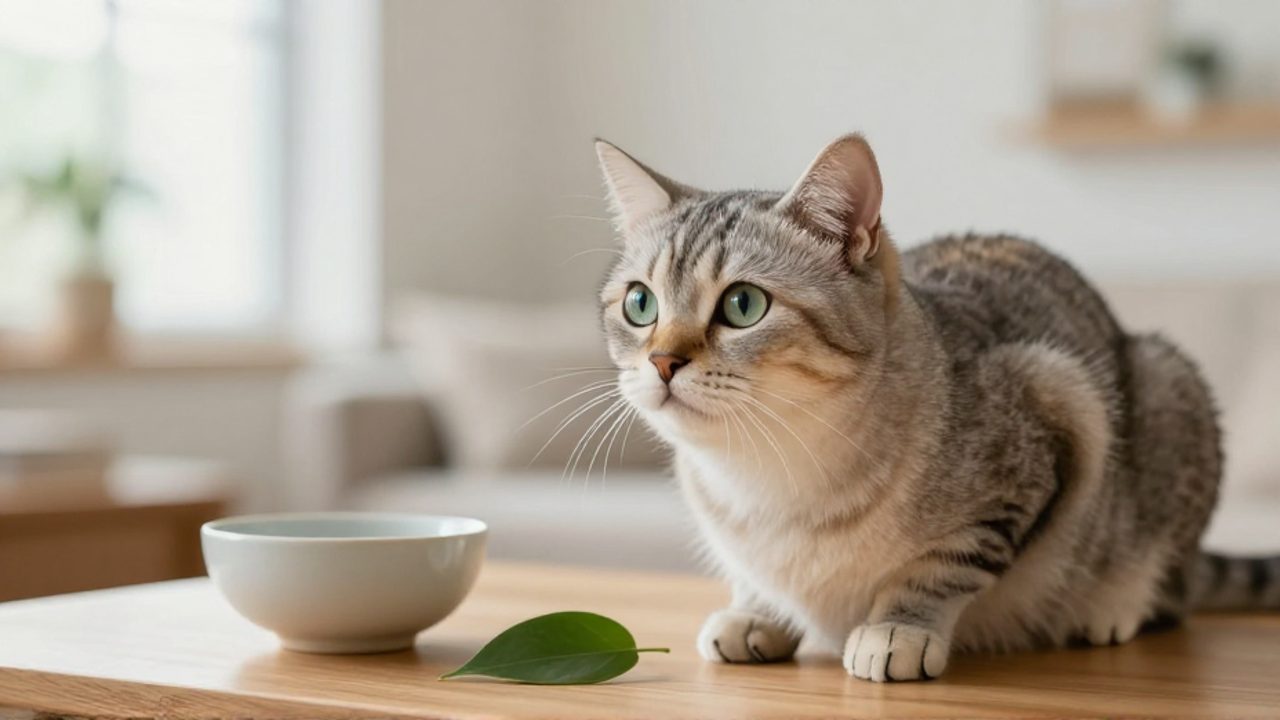 Gato doméstico sentado en una superficie de madera, con la cabeza inclinada y expresión atenta en un salón luminoso.