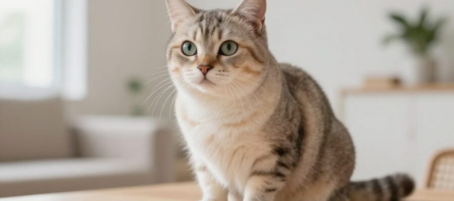 Gato doméstico de mirada tranquila sentado sobre una superficie de madera en una sala luminosa y minimalista.