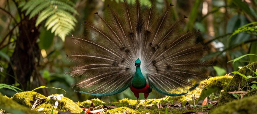 Un ave con plumaje iridiscente despliega sus plumas de la cola en un ritual de cortejo sobre el suelo de un bosque tropical.