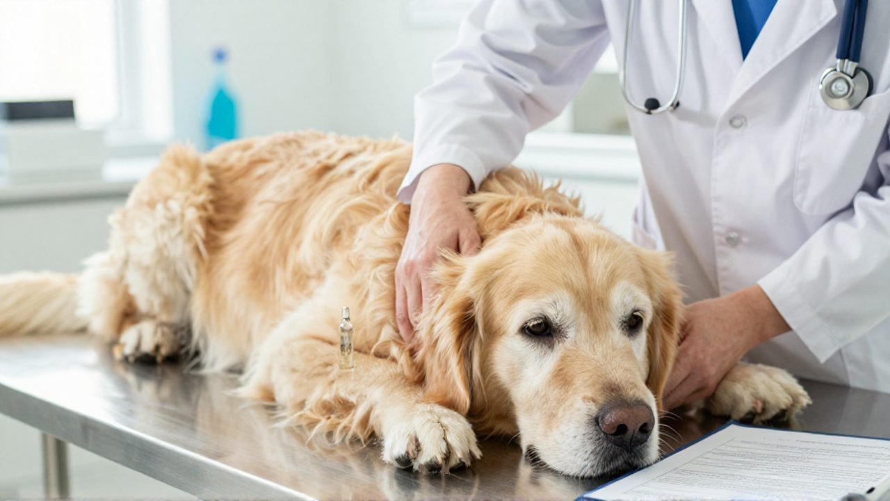 Manos de un veterinario realizando un chequeo clínico a un perro Golden Retriever sobre una mesa de exploración en una clínica.