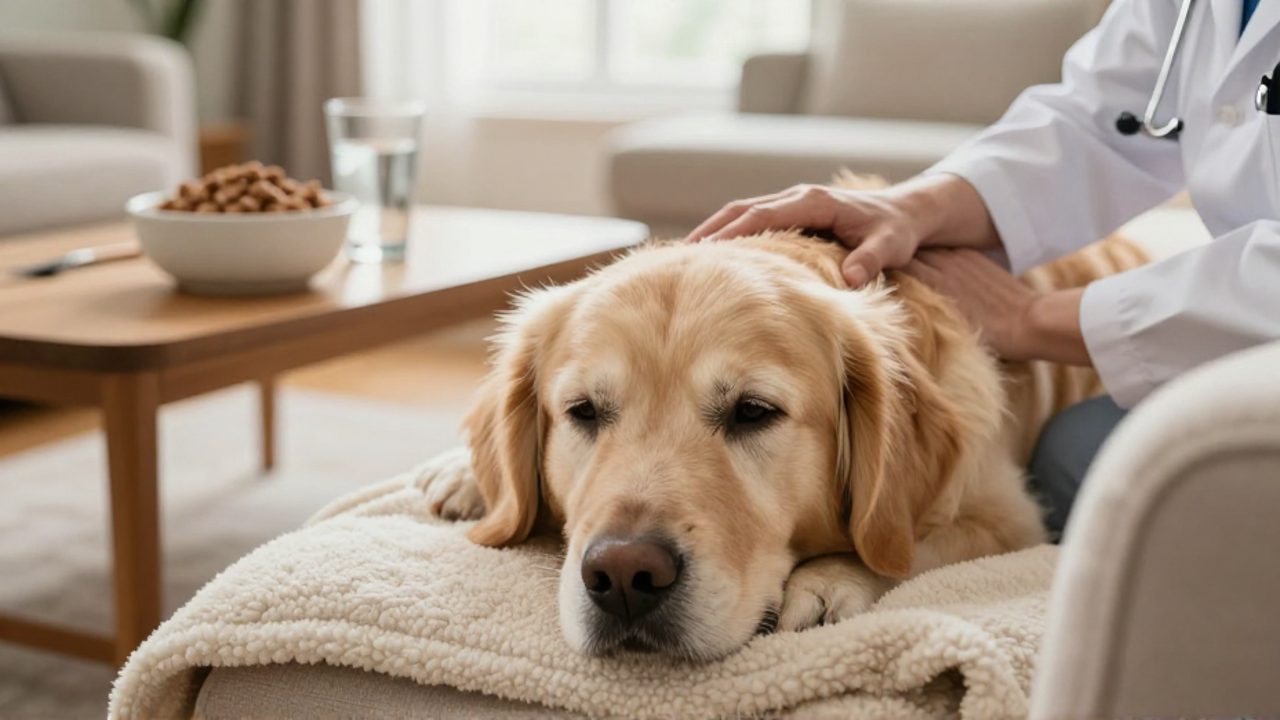 Un perro Golden Retriever anciano descansa tranquilo sobre una manta mientras la mano de un veterinario lo acaricia, con un cuenco de alimento renal y agua al fondo.