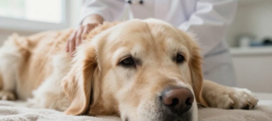 Perro anciano descansando con expresión cansada mientras una mano veterinaria lo acaricia suavemente para transmitir cuidado y apoyo.