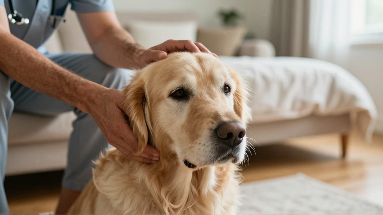 Una persona acaricia con ternura la cabeza de un perro Golden Retriever anciano en una sala iluminada por el sol.