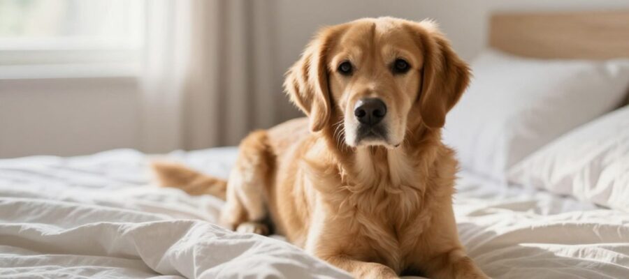 Un perro de tamaño mediano sentado sobre una cama hecha, con expresión de inquietud en un dormitorio iluminado por la luz del sol.