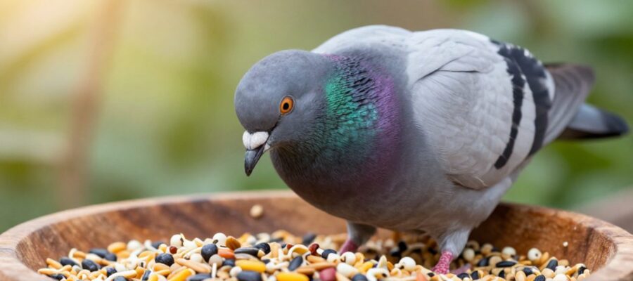 Una paloma busca alimento en un cuenco de madera lleno de diversos granos, semillas y legumbres en un entorno de jardín.