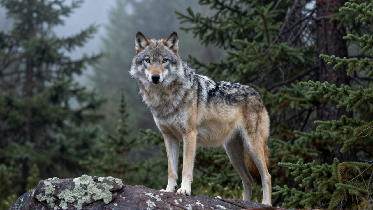Lobo gris mexicano de pie sobre una roca en un bosque de coníferas con neblina de fondo.