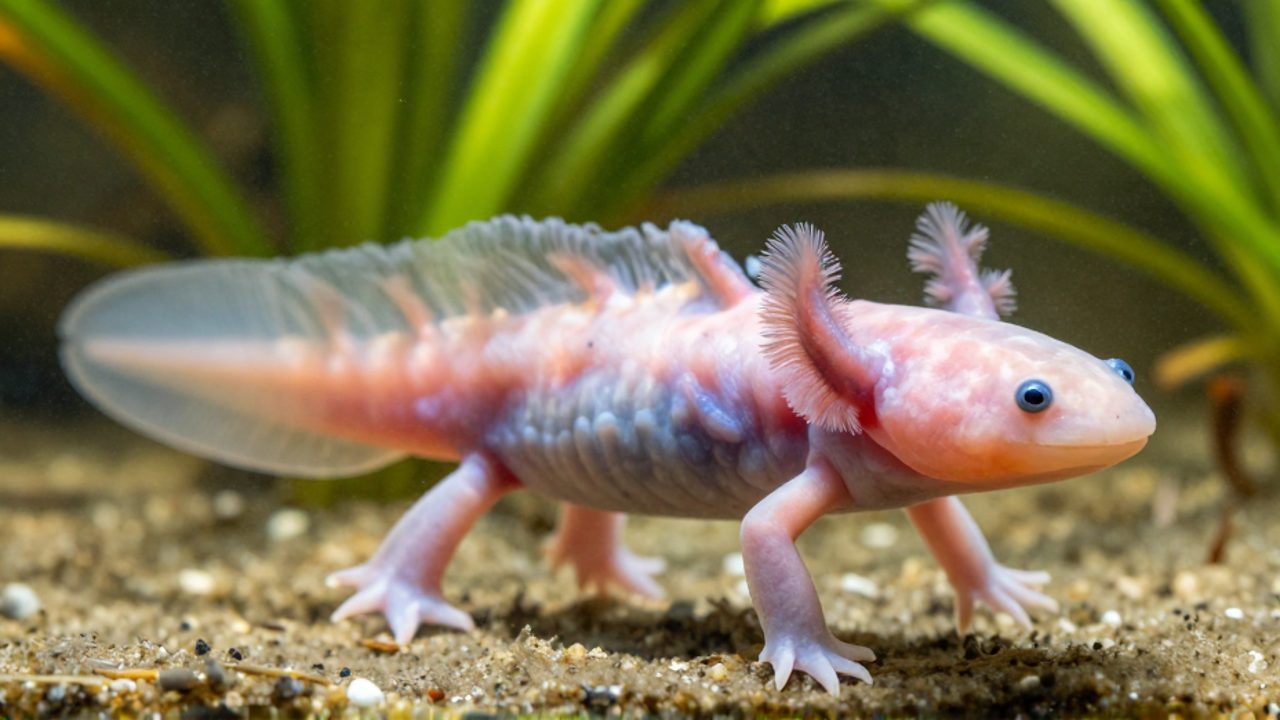 Axolote de cuerpo rosado nadando entre la vegetación acuática en un lago mexicano.