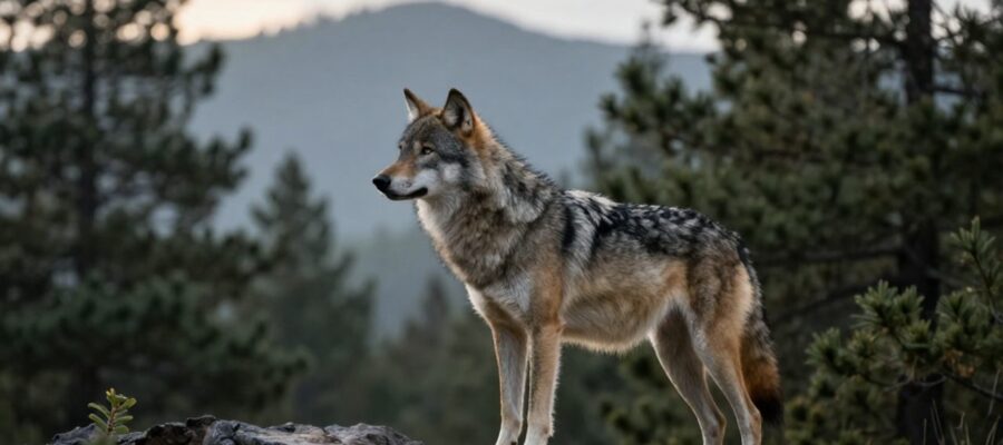 Lobo gris mexicano de perfil sobre una formación rocosa en un bosque de pinos bajo la luz del amanecer.