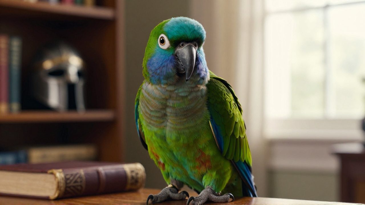 Loro macho de plumaje verde y azul posado en un soporte de madera frente a una estantería con libros y objetos decorativos.