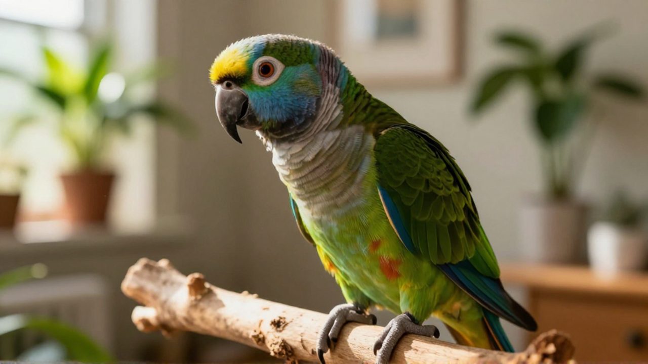 Loro macho de plumaje colorido posado en una rama de madera, inclinando la cabeza con curiosidad en un salón iluminado por el sol.