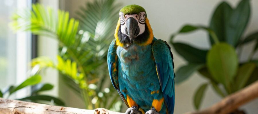 Primer plano de un loro macho de colores vibrantes posado sobre una rama de madera en una habitación iluminada por el sol.