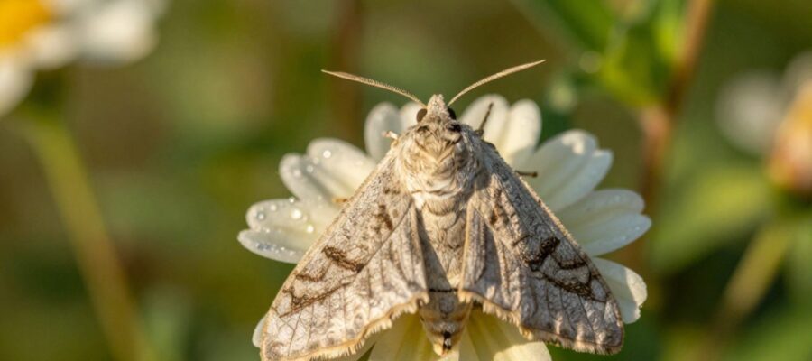 Una polilla descansa sobre una flor silvestre cubierta de rocío en un jardín iluminado por el sol.