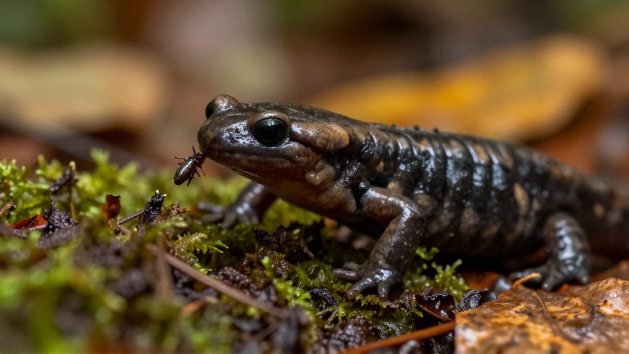 Salamandra lanzándose para capturar un insecto sobre un lecho de musgo húmedo y hojas secas en el suelo de un bosque.