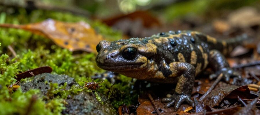 Una salamandra busca un insecto entre piedras con musgo y hojas secas en el suelo de un bosque húmedo.