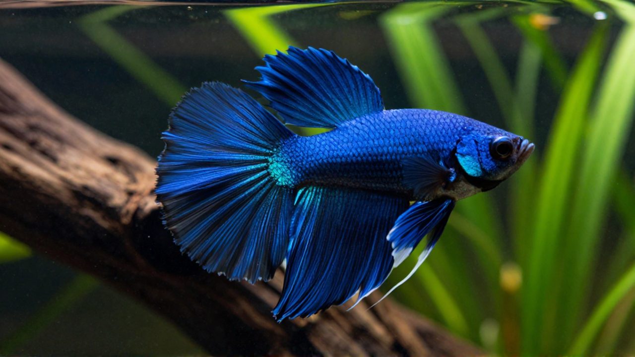 Pez Betta de color azul intenso con aletas largas y fluidas nadando entre plantas verdes en un acuario.