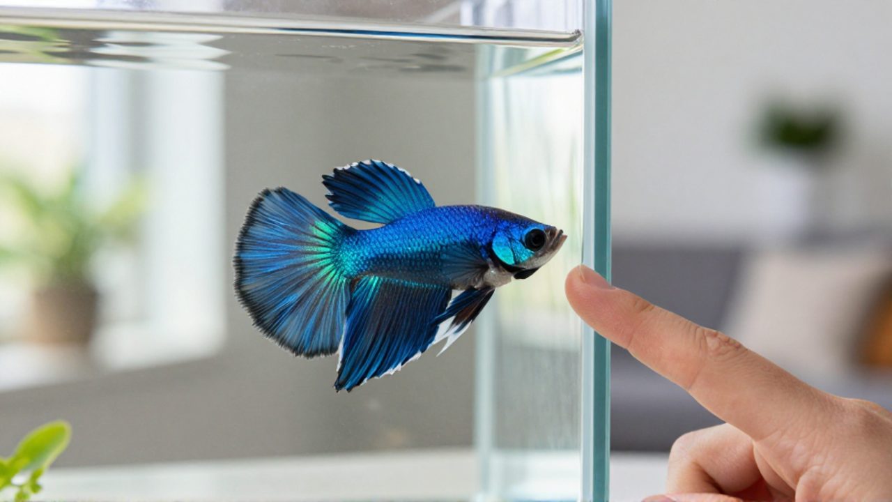 Pez Betta de color azul brillante acercándose al cristal de su acuario hacia el dedo de una persona para interactuar.