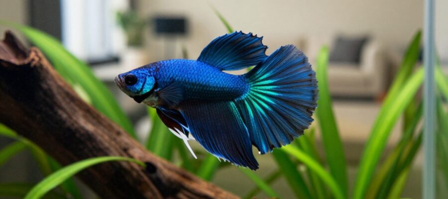 Pez Betta de color azul vibrante nadando entre plantas acuáticas y madera en un acuario con diseño minimalista.