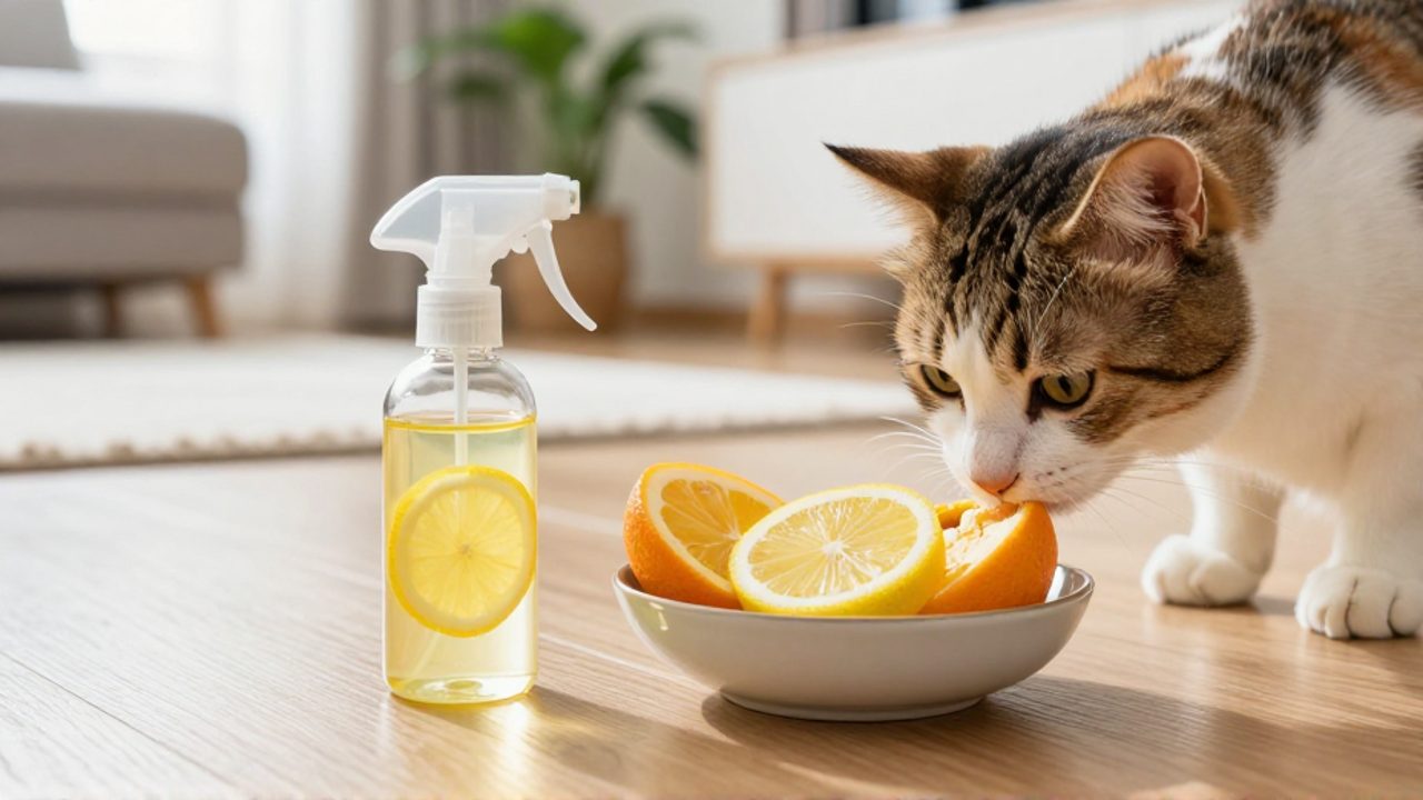 Un gato curioso olisquea rodajas de limón y naranja junto a un pulverizador sobre un suelo de madera en una sala luminosa.
