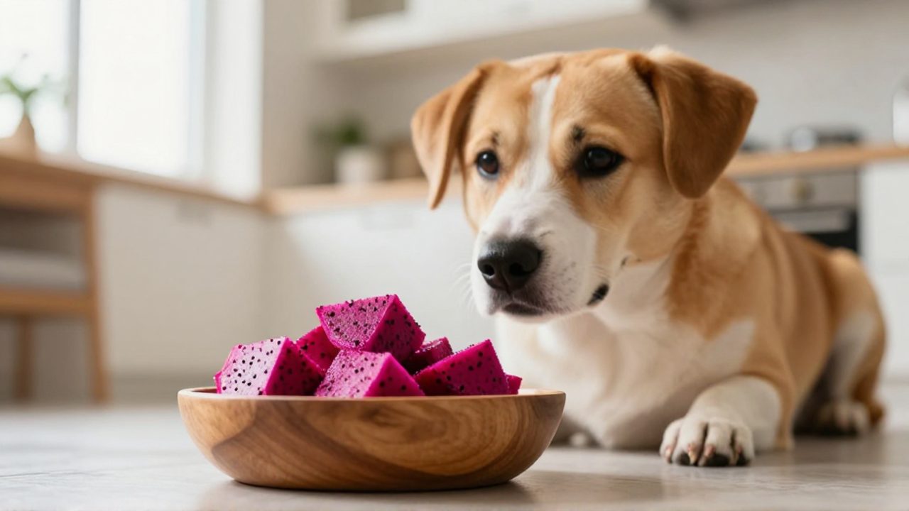Perro de tamaño mediano observa con curiosidad un cuenco de madera con cubos de pitahaya en el suelo de una cocina.