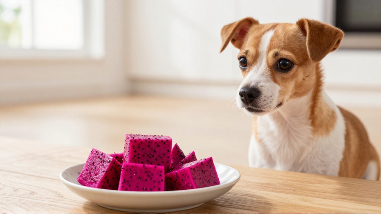 Un perro pequeño mira con curiosidad un cuenco de cerámica con trozos de pitahaya sobre un suelo de madera.