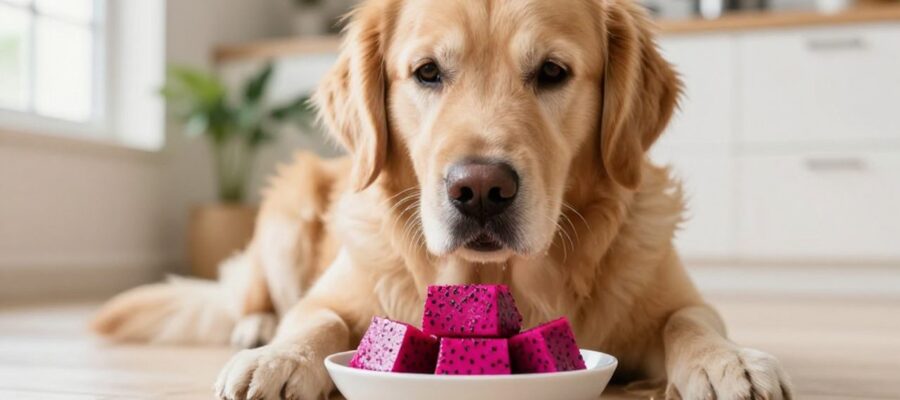 Un perro Golden Retriever observa con curiosidad un cuenco con cubos de pitahaya rosa sobre el suelo de una cocina luminosa.