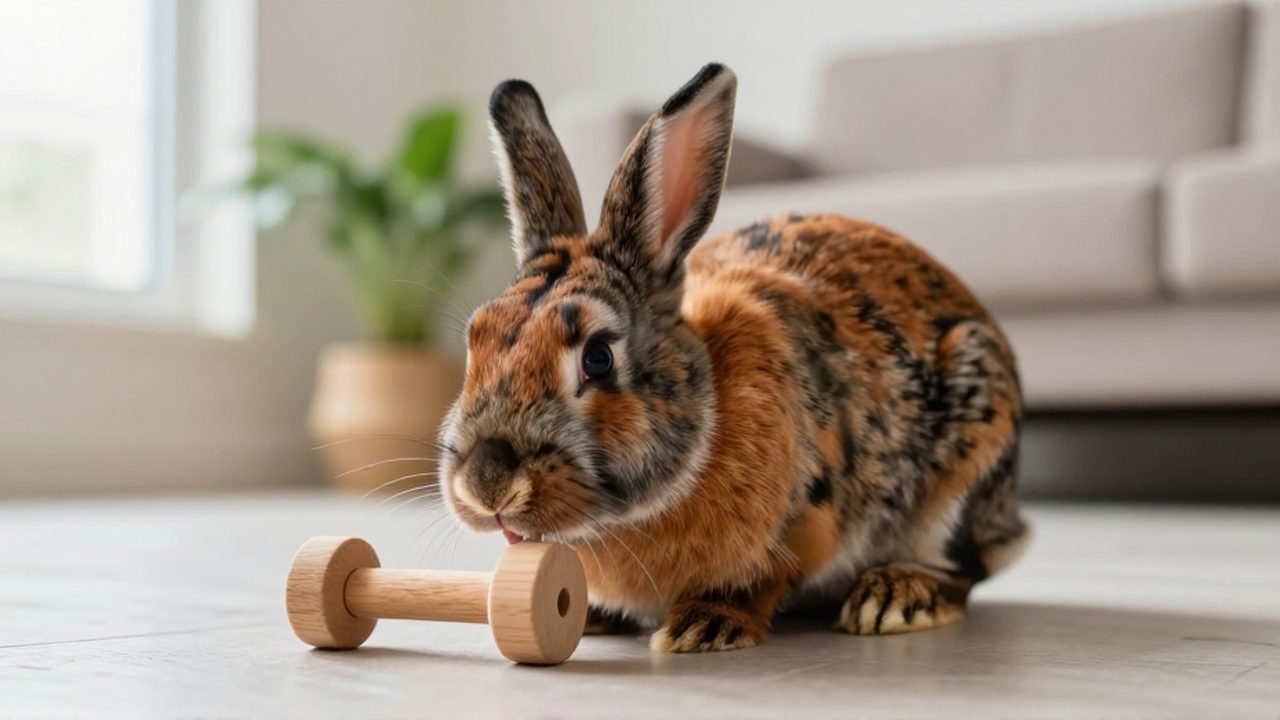 Un conejo arlequín de pelaje naranja y negro explora con curiosidad un juguete de madera en el suelo de una sala de estar.
