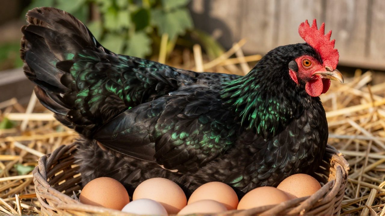 Gallina Australorp de plumaje negro brillante junto a una cesta con huevos de cáscara marrón en un gallinero soleado.