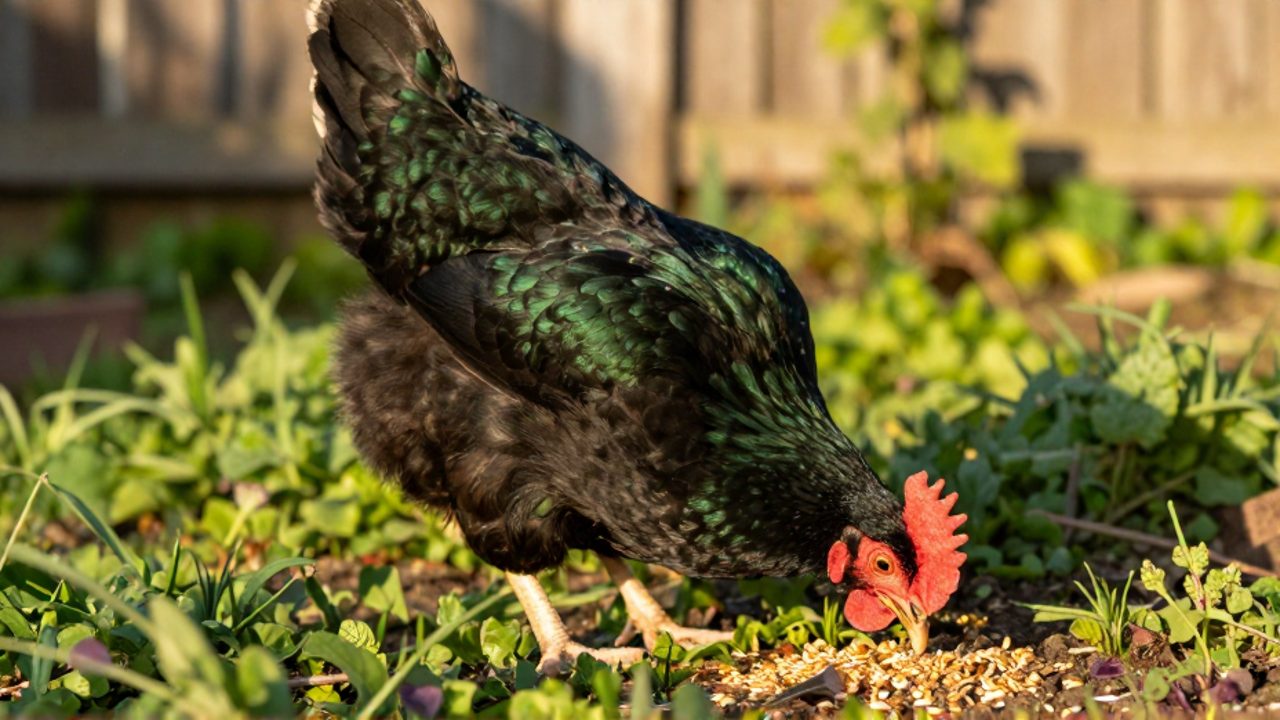 Una gallina Australorp de plumaje negro brillante busca alimento entre granos y brotes verdes en un jardín soleado.