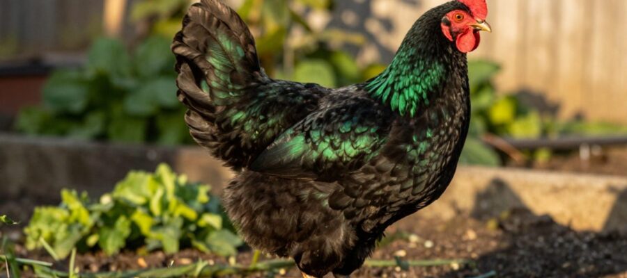 Gallina Australorp de plumaje negro con reflejos verdes tornasolados parada en un jardín con vegetación bajo la luz del sol.