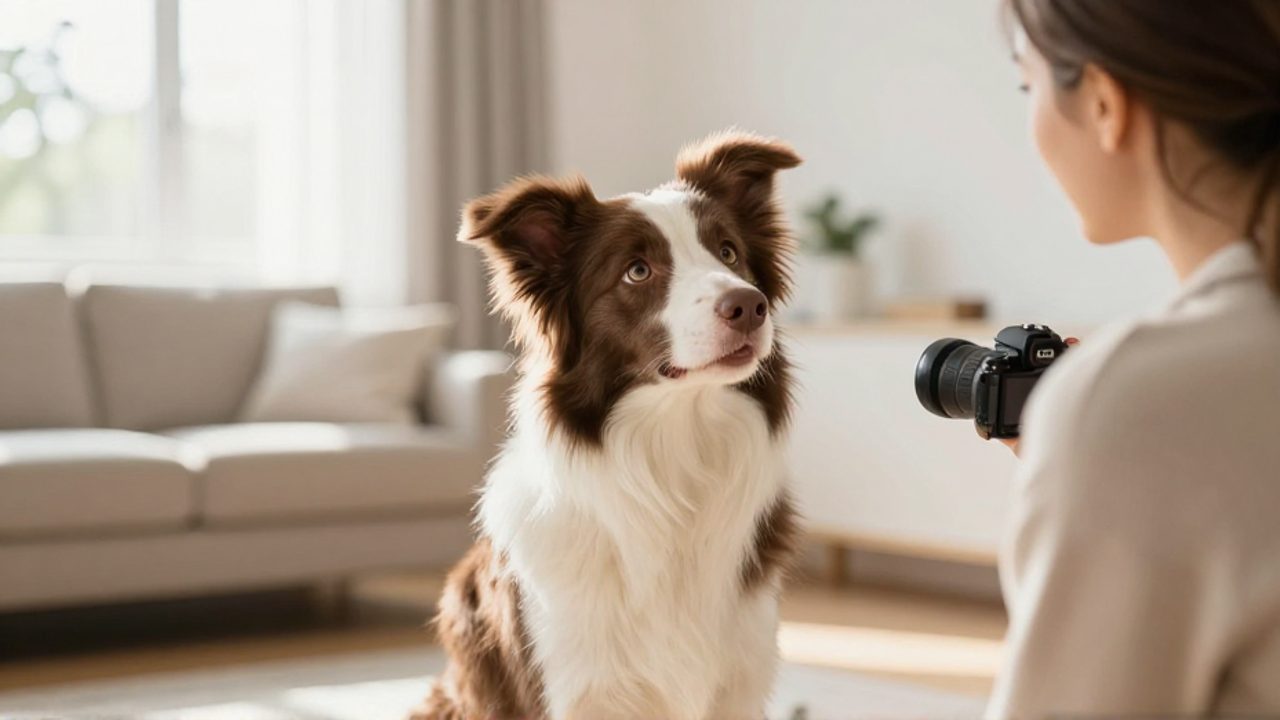 Perro Border Collie sentado con atención en un salón luminoso mientras busca la mirada de su dueño durante una sesión de entrenamiento.