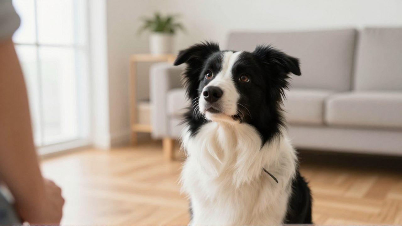 Un Border Collie sentado en una sala de estar mira con atención hacia un instructor, mostrando una expresión de concentración durante un entrenamiento.