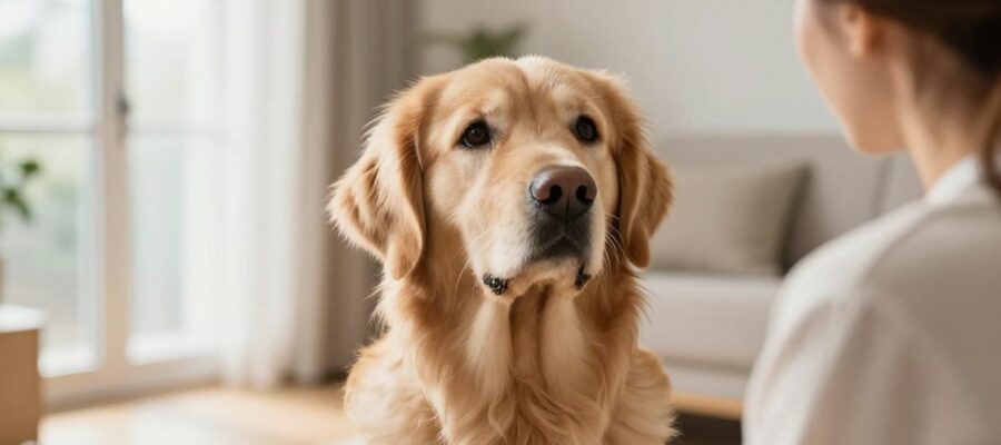 Un Golden Retriever sentado en una sala iluminada mira con atención y concentración a su dueño.