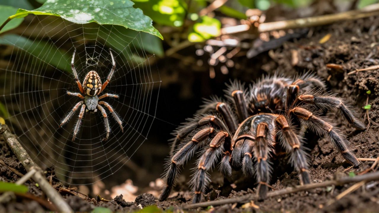 Comparativa entre una araña de jardín esperando en su telaraña entre hojas verdes y una tarántula robusta emergiendo de una madriguera en el suelo del bosque.