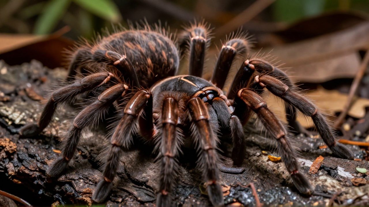 Primer plano de la cabeza y los colmillos verticales de una tarántula robusta y con densos pelos sobre la corteza de un árbol.