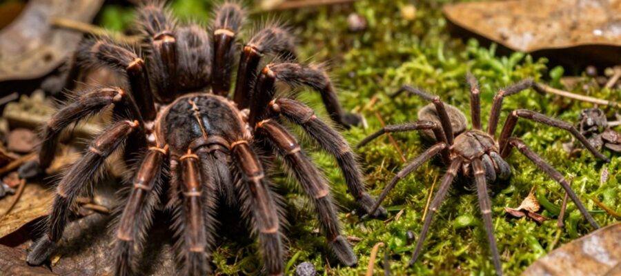 Comparación lado a lado entre una tarántula robusta y velluda y una araña de jardín delgada y de cuerpo liso sobre un fondo de bosque.
