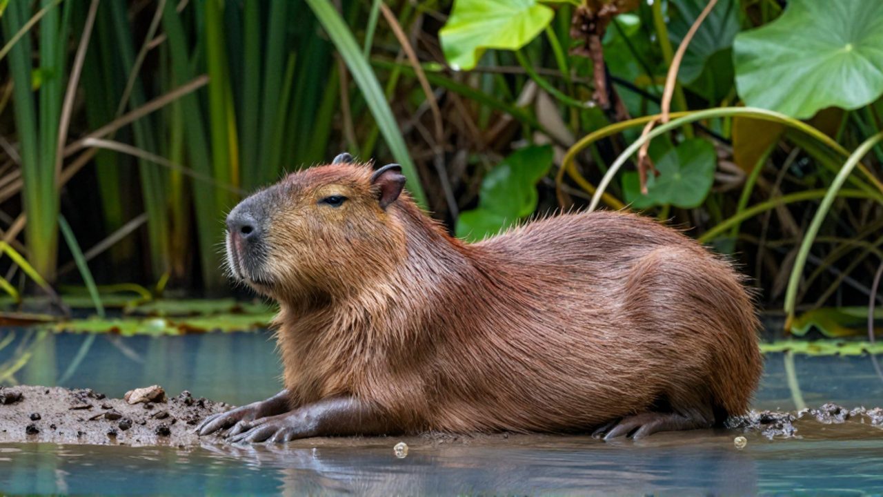 Capibara adulto descansando parcialmente sumergido en la orilla de un estanque rodeado de vegetación tropical.