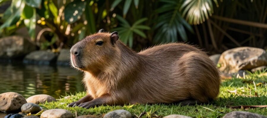 Un capibara descansa tranquilamente en un recinto natural con césped, piedras y un estanque pequeño.